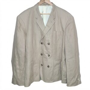 J. Peterman Men Size 52 Tan Linen Double Breasted Suit Jacket Blazer Sport Coat